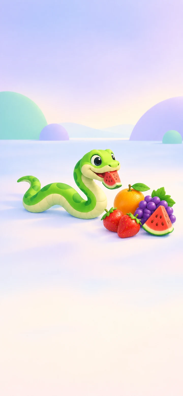 A little green snake enjoying a colorful fruit picnic